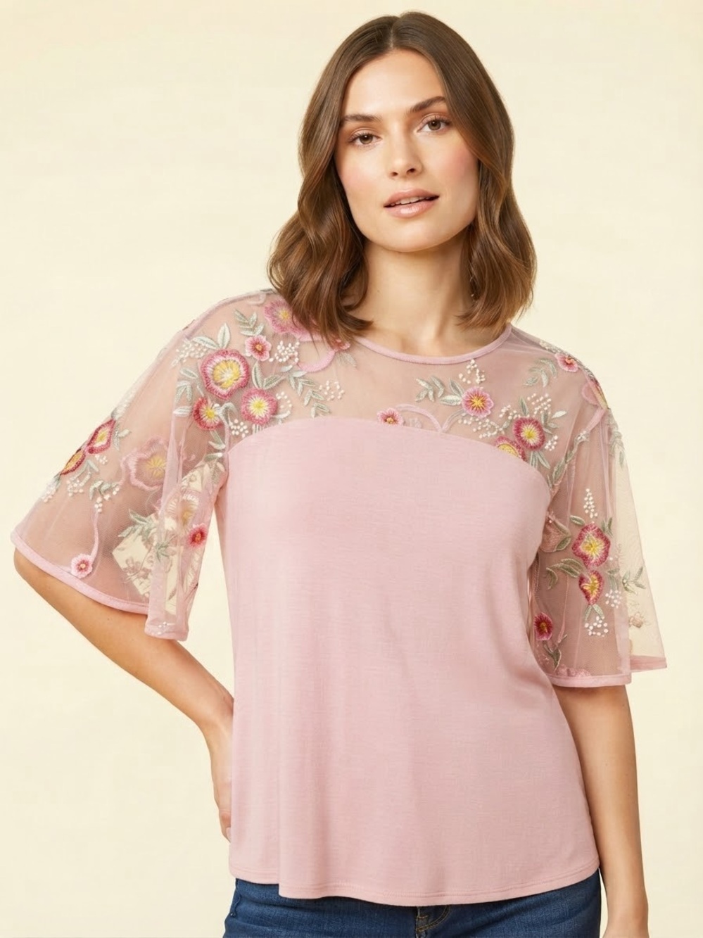cha cha vente Pink Mesh Yoke Tunic with Floral Embroidery